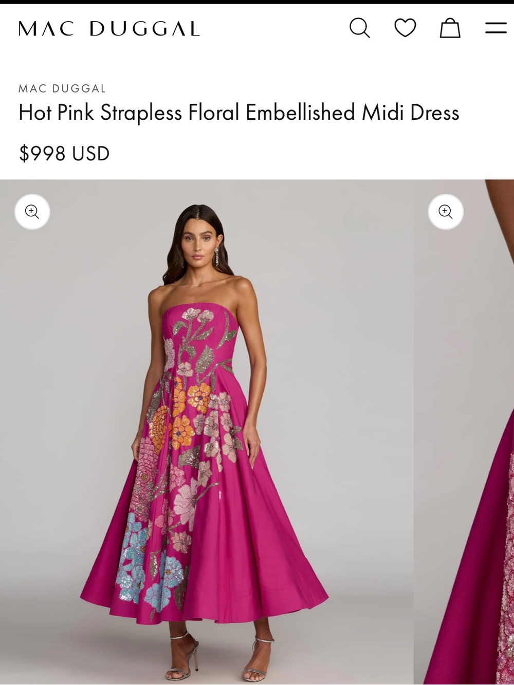 Mac Duggal Hot Pink Strapless Floral Embroidered Midi Gown